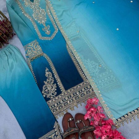 Women's Chinon Silk Embroidery Straight Pakistani Salwar Suit and Dupatta